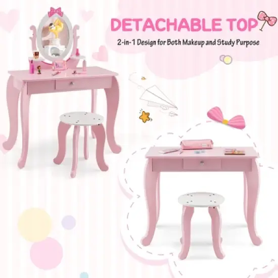 Costway Kid Vanity Table Stool Set with Adjustable Mirror Storage Drawer Makeup Pink image {9}