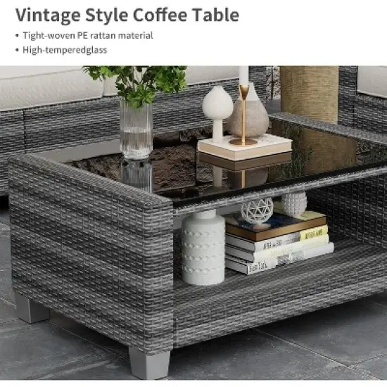 Outdoor Wicker Patio Furniture Sectional Set, Glass Top Table with Hidden Storage, Includes 7 Seating Components, Natural Rattan with Cushions image {4}