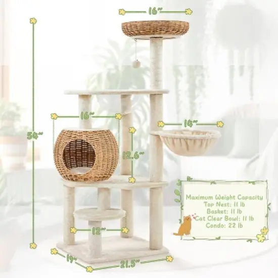 Yaheetech 54inch Rattan Cat Tree Cat Tower with Condo, Beige image {2}
