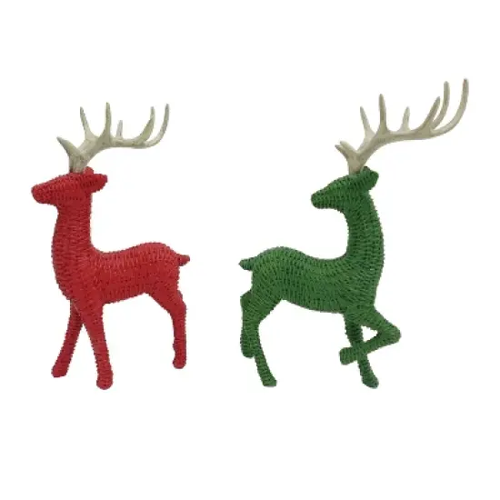 Transpac Resin Wicker Texture Deer Figurine Set of 2 Decorative Christmas Tabletop Decor for Indoor Use and Gift Giving image {1}