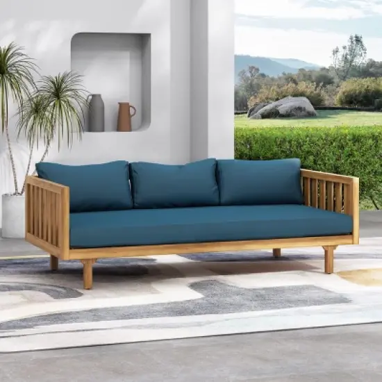 Outdoor Patio 3 Seater Daybed,Waterproof Fabric Upholstered Sofa Bed With Acacia Wood Frame,Indoor Wooden Armrests Sofa Bed-Coolbibila image {1}