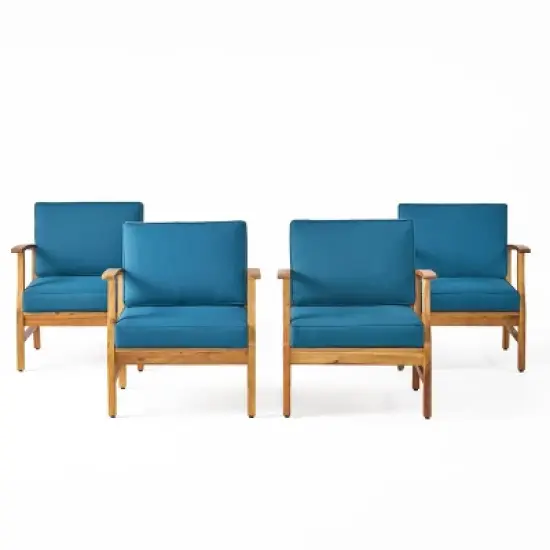 Perla 4pk Acacia Wood Club Chairs - Teak/Blue - Christopher Knight Home: Outdoor Seating with Iron Hardware, Foam Cushions image {7}