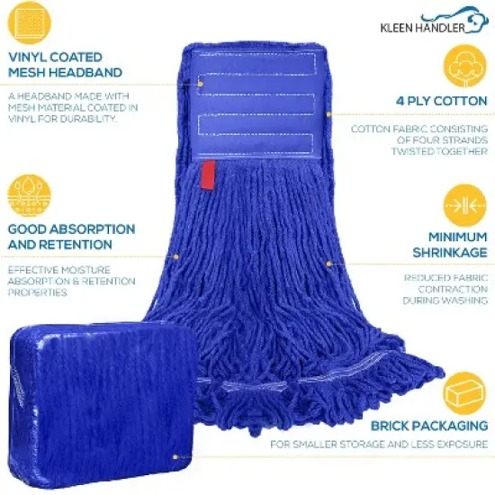 Bison Life Heavy Duty Loop End Wet Mop Head Replacement Refills, 5" Headband, Blue - 3 Pack image {1}