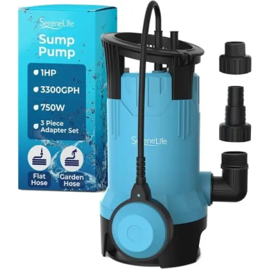 SereneLife Electric Submersible Water Pump - 750W, 3302 GPH, Auto Float Switch, Blue image {9}