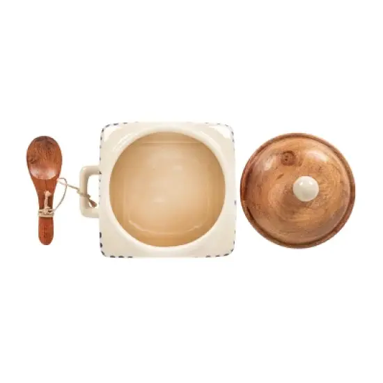 Storied Home Hand-Painted Stoneware Canister with Design, Acacia Wood Lid and Spoon, Cream, Blue and Natural image {8}