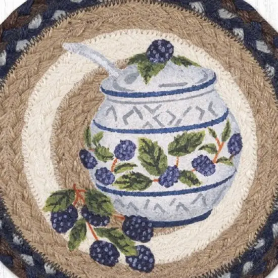 Earth Rugs Jam Jar Blackberry Round Trivet &ndash; 10" Printed Fruit Design on Braided Natural Jute image {2}