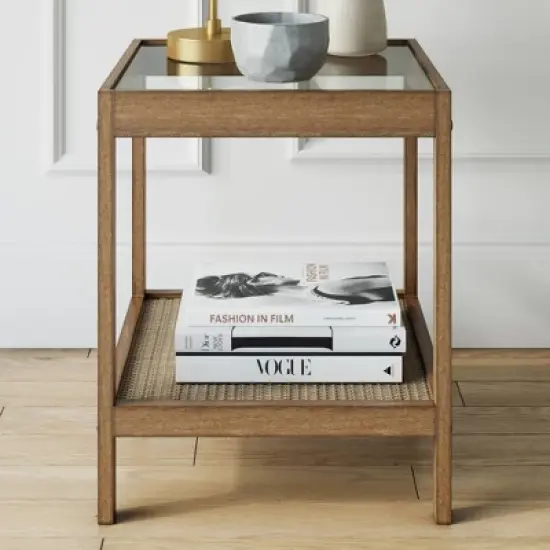 Hayes Solid Wood Rattan and Glass Top Side Table Brushed Light Brown - Nathan James image {3}