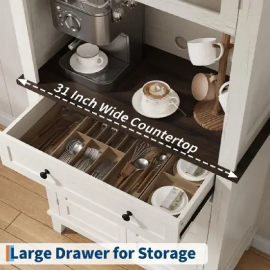 Kitchen Pantry, 72" Farmhouse Coffee Bar Table with Storage Drawers & Glass Doors image {5}