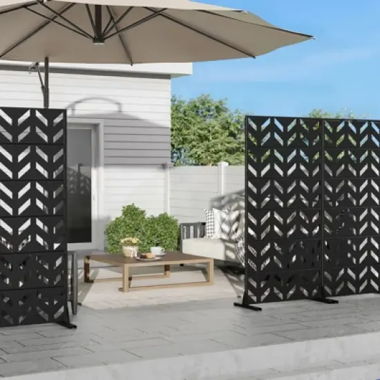 Pexfix 72 x 35 Inch Metal Privacy Screen Freestanding Outdoor Divider Panel For Patio Deck Balcony Heavy Duty Base Weatherproof Black Fishbone Diagram image {1}