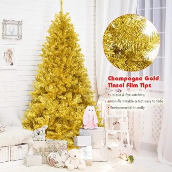 Costway 7.5Ft Hinged Unlit Artificial Tinsel Christmas Tree Holiday,Silver ,Gold image {7}