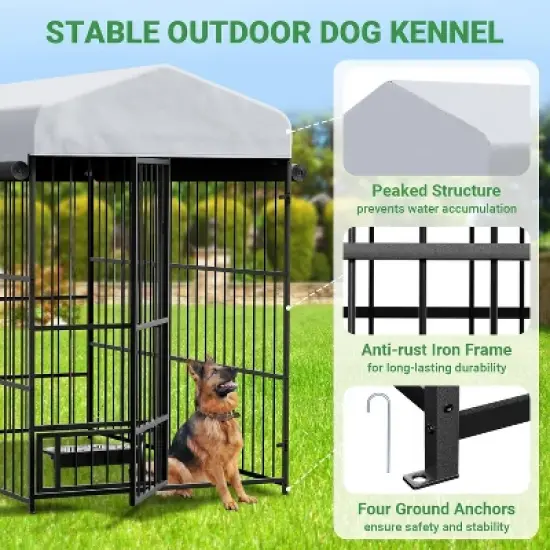 Large Dog Kennel Outside Dog Cage With Roof, Heavy Duty Outdoor Pet Pens With Stainless Steel Bowls for Yard Garden Backyard image {2}