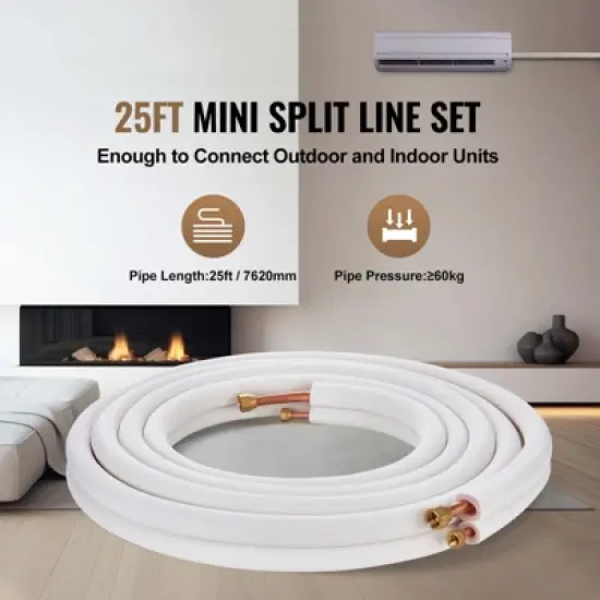 VEVOR 25FT Mini Split Line Set, 1/4" & 1/2" O.D Copper Pipes Tubing and Triple-Layer Insulation, for Mini Split Air Conditioning Refrigerant, White image {2}