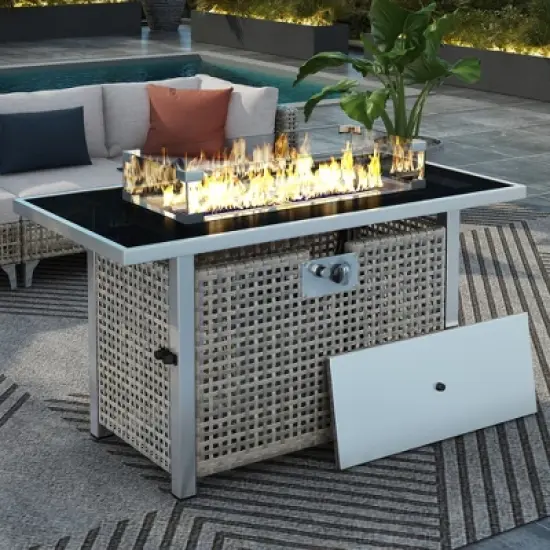 YOOCOZZ 43" Open Weave Wicker Fire Pit 60000 BTU with Glass Wind Guard image {10}