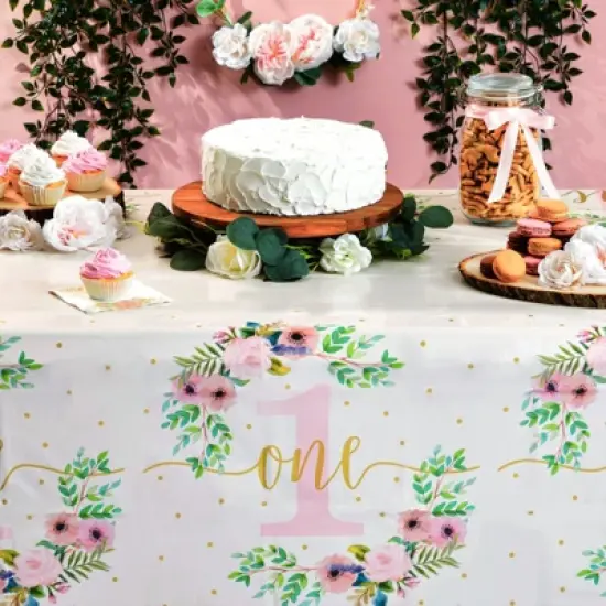 Sparkle and Bash 3 Pack Floral Plastic Tablecloth, Baby Girls First Birthday Decorations, 54x108 in image {3}