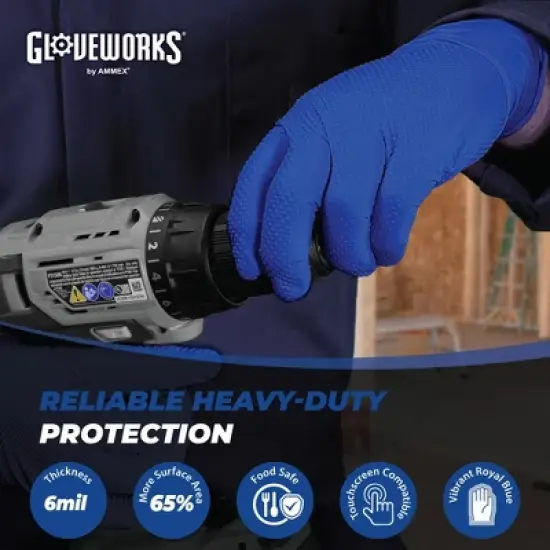 GLOVEWORKS Blue Nitrile Gloves with Raised Diamond Texture- Medium Duty, Industrial Grade - Great for Auto Detailing, Food Service, and Cleaning image {1}