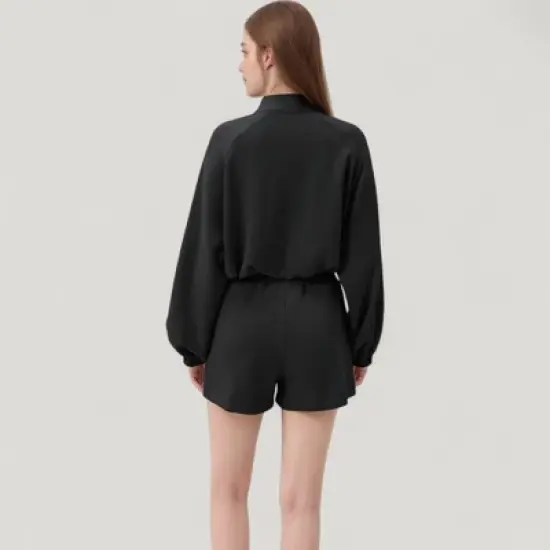 Anna-Kaci Active Women's Long Sleeve Woven Lounge Top with Half Zip Front, Elastic Hem, and Relaxed Draped Fit image {3}