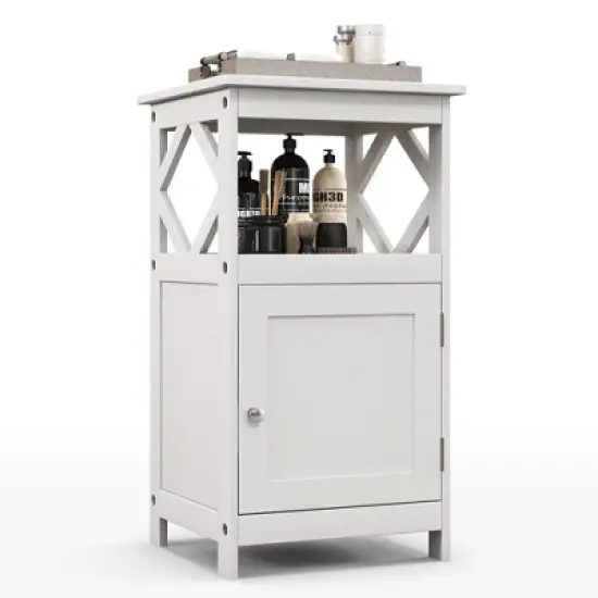 Costway Bathroom Floor Cabinet Side Storage Organizer with Open Shelf & Single Door Grey/White image {11}