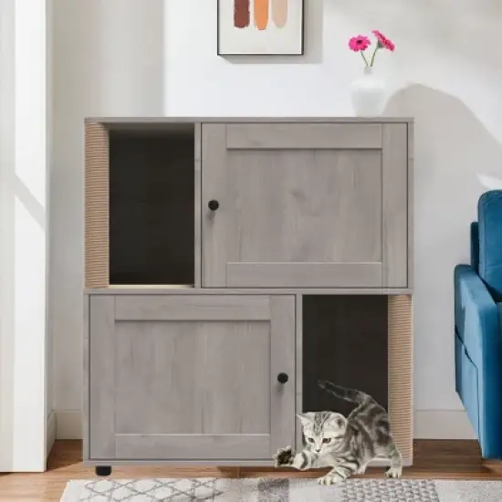 Cat Litter Box Enclosure with Double Room for 2 Cats, Hidden Enclosed Litter Box Furniture with Scratch Posts and Double-Layer Litter Mats image {8}