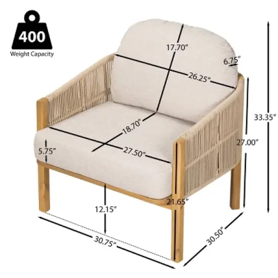 Set of 2 Outdoor Lounge Chairs with Acacia Wood and Rope Woven Back,Modern Patio Chairs with Cushions for Porch or Garden-Maison Boucle image {1}
