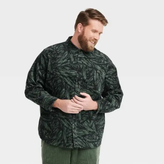 Houston White Adult Leaf Print Woven Cord Button-Down Shirt - Green image {4}