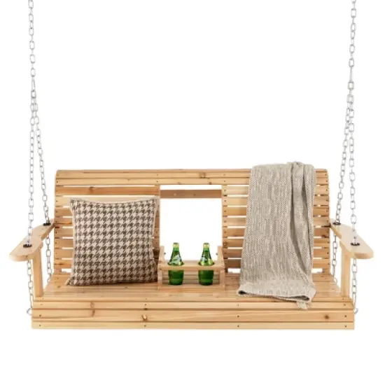 Costway 2-seat Wood Swing Bench with Folding Cup Holder and Sturdy Metal Hanging Chains image {9}