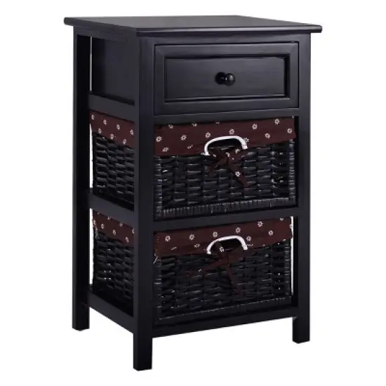 Costway Black Night Stand 3 Tiers 1 Drawer Bedside End Table Organizer Wood W/2 Baskets image {9}