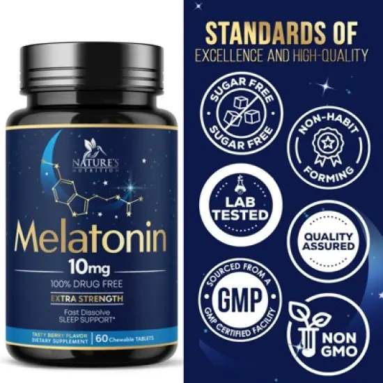 Melatonin 10mg Tablets Extra Strength Sugar Free Sleep Support for Adults - 60 Count By Nature's Nutrition image {3}