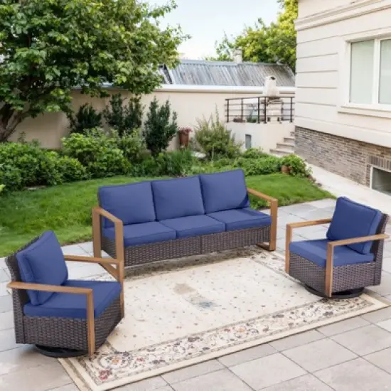 POCASSY 3 Pieces Patio Furniture Set with 3-Seater Sofa and 2 Swivel Glider Rocking Chairs, All Weather Wicker Outdoor Conversation Set with Metal Arm image {8}