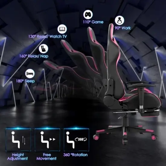 Costway Gaming Desk&Massage Gaming Chair Set w/ Footrest Monitor Shelf Power Strip Pink image {6}