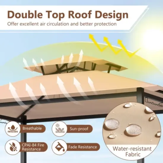 Costway 6.5 x 4 x 8 FT Grill Gazebo Set with 2 Bar Stools, Tempered Glass Bar Table Brown/Gray image {8}