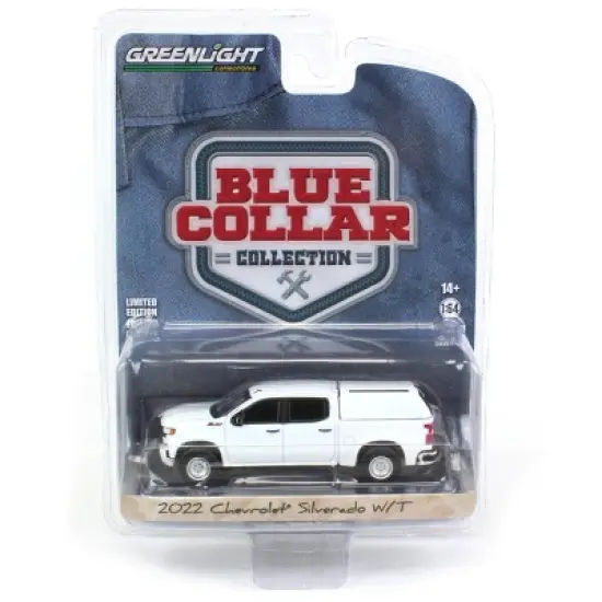Greenlight Collectibles 1/64 Summit White 2022 Chevrolet Silverado WT Pickup Truck with Camper Shell Blue Collar Series 11 35240-F image {4}