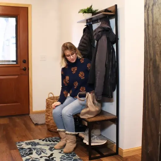 Sunnydaze Indoor Industrial-Style Hall Tree Bench with Coat/Shoe Rack - MDP Shelves with Powder-Coated Steel Frame - Brown - 67 in image {13}