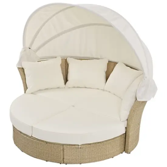 57" Outdoor Patio PE Rattan Round Daybed Sunbed with Retractable Canopy and 4 Pillows image {12}