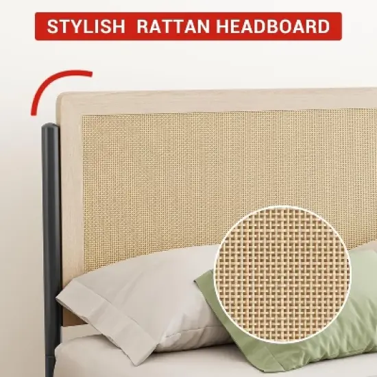 Full/Queen Size Boho Bed Frame with Rattan Headboard & Wood Footboard, Under Bed Storage, No Box Spring Needed, Noise-Free Design image {6}