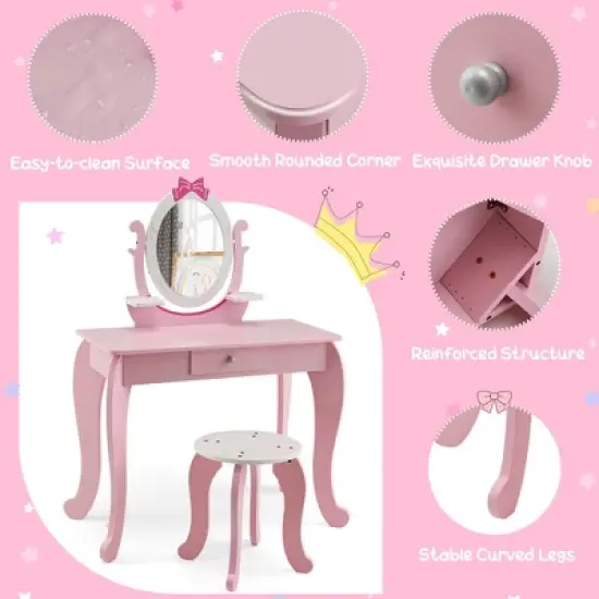 Costway Kid Vanity Table Stool Set with Adjustable Mirror Storage Drawer Makeup Pink image {7}
