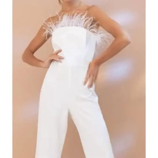 Women's Tube Front Feather Jumpsuit - Blue B L image {4}