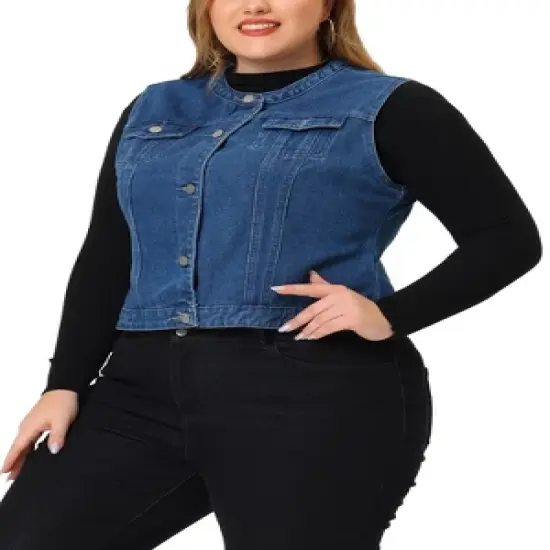 Agnes Orinda Plus Size Denim Vest for Women Button Down Collarless Jean Vest image {1}