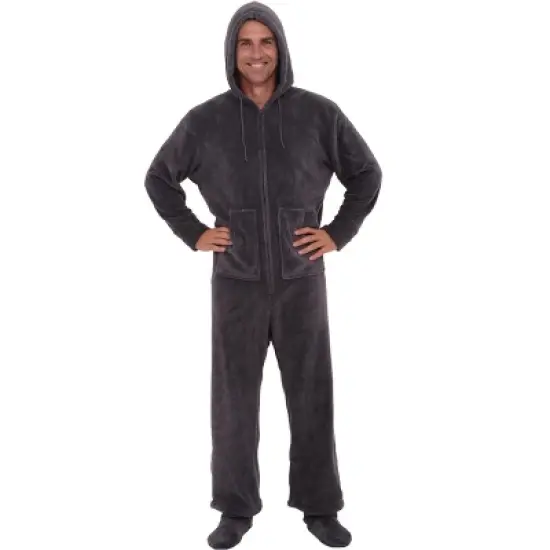 Men's Warm Fleece One Piece Hooded Footed Zipper Pajamas Set, Soft Adult Onesie Footie with Hood for Winter image {16}