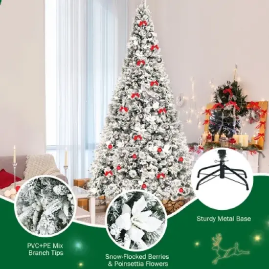 Costway 8ft Snow Flocked Hinged Christmas Tree w/ Berries & Poinsettia Flowers image {8}