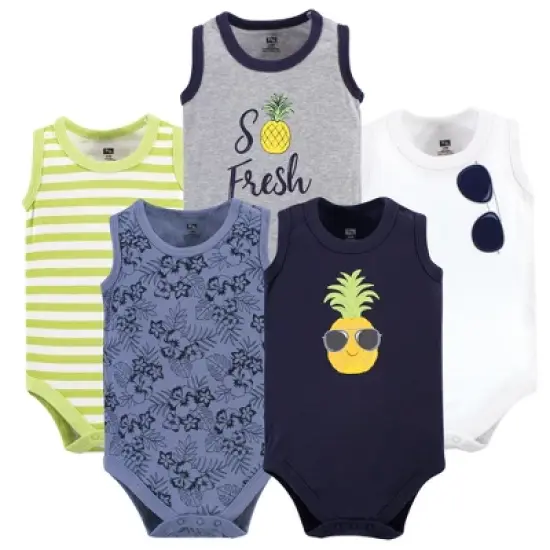 Hudson Baby Infant Boy Cotton Sleeveless Bodysuits 5pk, Pineapple image {4}