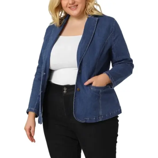 Agnes Orinda Women's Plus Size Denim Notched Lapel Color Block Stretch Blazer image {6}