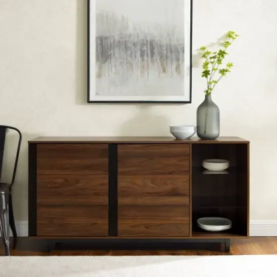 Shing Modern Striped Door 60" Sideboard with Glass Shelves Dark Walnut - Saracina Home image {2}