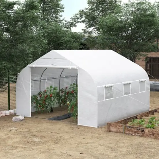 Outsunny 12' x 10' x 7' Walk-in Outdoor Tunnel Greenhouse, PE Cover, Steel Frame, Roll-Up Zipper Door & 6 Windows for Tropical Plants, White image {1}