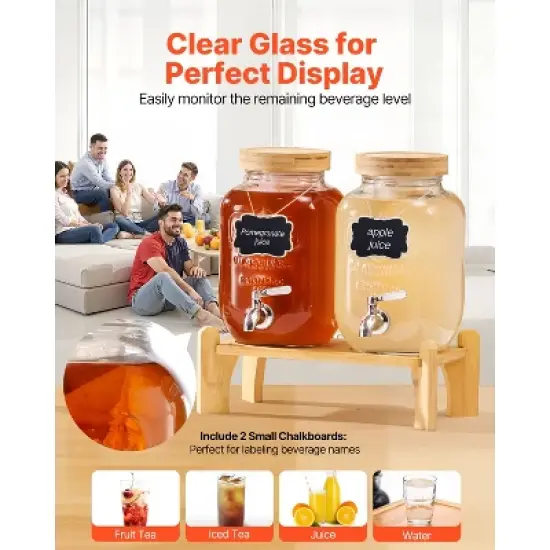 VEVOR Beverage Dispenser, 2 Pack 1 Gallon Drink Dispensers for Parties, Glass Juice Dispenser with Wood Stand, Stainless Steel Spigot,Infuser, Clear image {4}