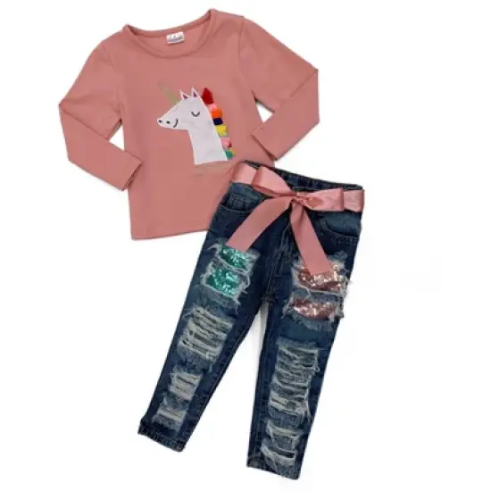 Girls Rainbow Unicorn Sequin Patched Jeans Set - Mia Belle Girls image {2}