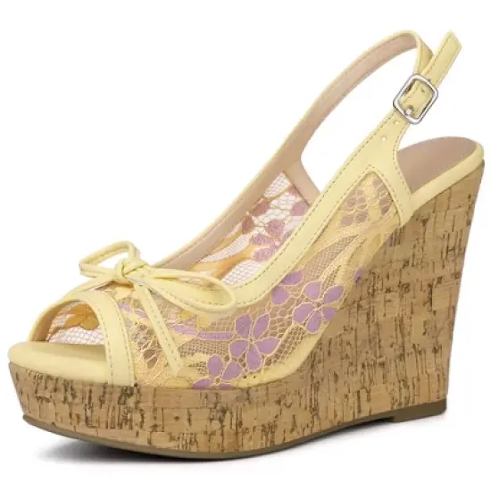 Allegra K Women's Wood Platform Heels Bow Lace Wedge Sandals image {14}