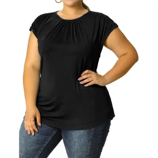 Agnes Orinda Women's Plus Size Round Neck Ruched Short Sleeve Summer Casual Blouses image {6}