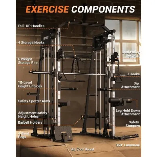 Home Gym All in One, 2200LBS Squat Rack Power Cage with Smith Bar, LAT Pull-Down, Cable Systems, Leg Hold-Down and More Attachments image {4}