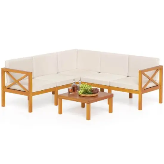 Tangkula Set of 6 Acacia Wood Patio Furniture Set Outdoor Sectional Conversation Set w/ Cushions & Coffee Table Off White image {4}