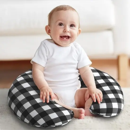 The Peanutshell Nursing Pillow for Breastfeeding, Black and White Buffalo Plaid image {2}